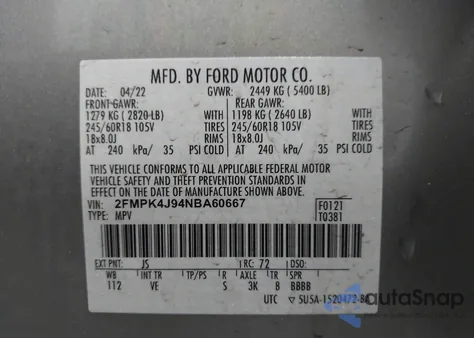 2022 Ford Edge Sel из США, поврежденный, VIN 2FMPK4J94NBA60667